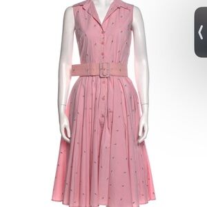 Samantha Sung pink 50’s dress with parrots embroidered